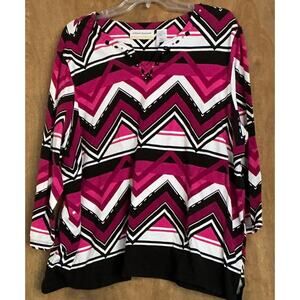 Alfred Dunner Woman Long Sleeve V-Neck Pull Over Blouse Beads Pink Black 2X